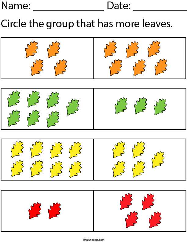 Circle the group that has more leaves Math Worksheet - Twisty Noodle